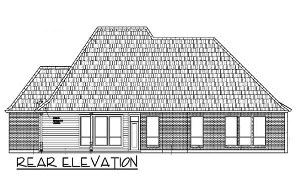 Rear elevation drawing shows a house with a brick base, horizontal siding, a multi-level roofline, and multiple windows.
