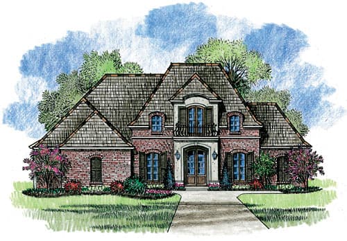 House plan exterior of a two-story brick home with a Mansard roof, dormers, arched windows, and a central balcony over the entrance.