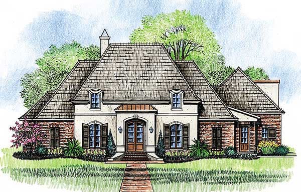 House plan exterior: French Provincial style, dormers, arched windows, dual gables, brick accents, and prominent rooflines.