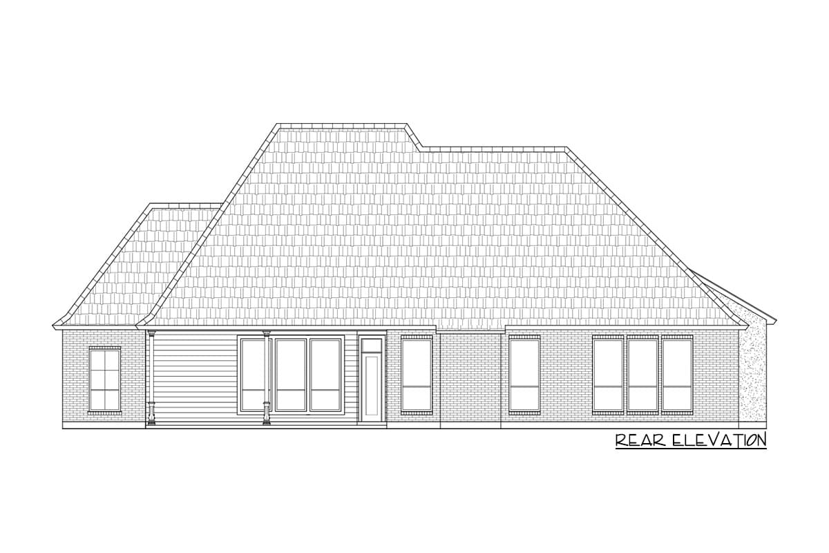 Rear elevation drawing of a house plan with gabled rooflines, brick and siding exterior walls, and multiple windows.