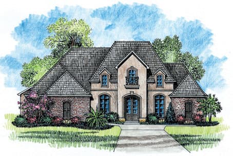 House plan exterior with a mansard roof, brick accents, arched windows, and a decorative balcony above the entrance.