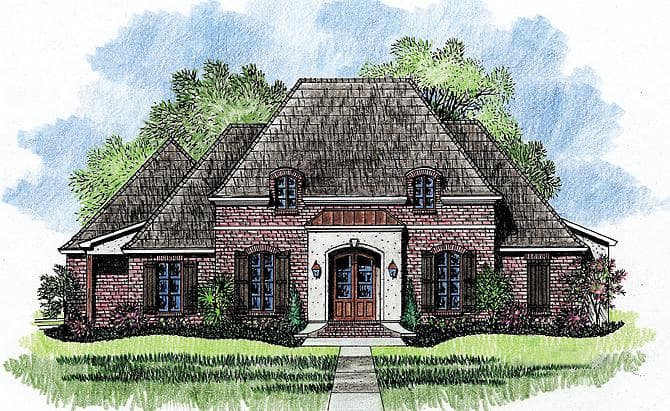 House plan exterior: brick construction, Mansard roof, arched entry with copper awning, and multiple gabled dormers.