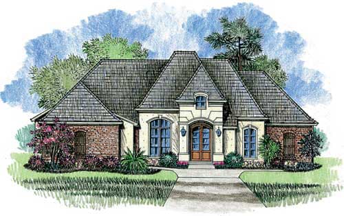 House plan exterior: one-story French Country style with mansard roof, brick accents, arched windows, and double entry doors.