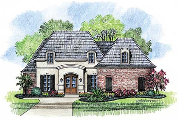 French Provincial house plan exterior with mansard roof, dormers, brick and stucco facade, and arched entryway.