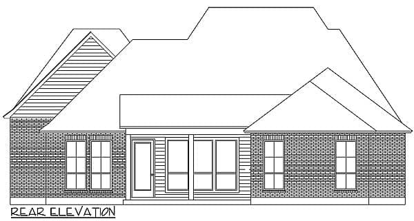 Rear elevation drawing of a single-story house plan with brick exterior, multiple gables, and large windows.