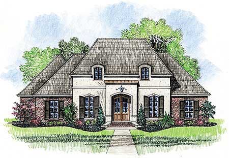 House plan exterior: French Provincial style, mansard roof, brick accents, arched double door entry, dormers, and shutters.