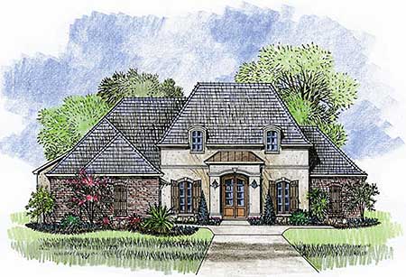 House plan exterior drawing of a two-story French Country home with a mansard roof, dormers, and brick accents.