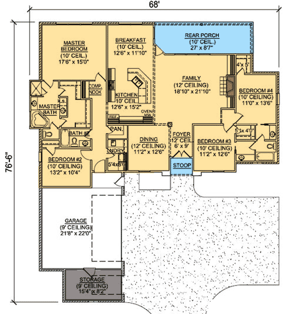 Plan 56313SM: Large Rear Covered Porch - Floor Plan - Main Level - Acadian, European, French Country, Louisiana-Style, Southern