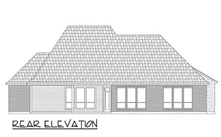 Rear elevation drawing of a one-story house plan with a prominent gable roof, brick exterior, and multiple windows.