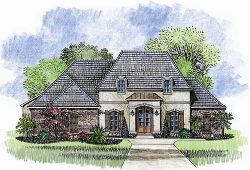 House plan exterior: French Provincial style with mansard roof, dormers, brick and stucco facade, and double entry doors.