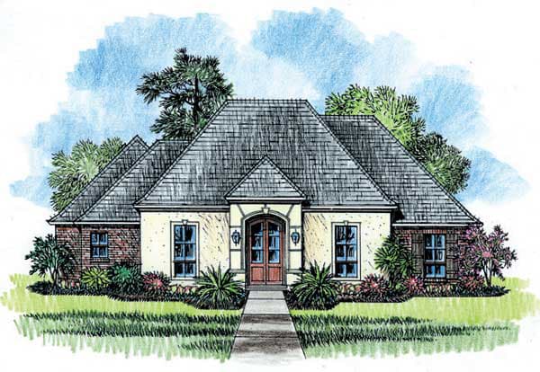 House plan exterior: Single-story French Provincial style with multiple gables, brick accents, and a prominent arched entryway with double doors.