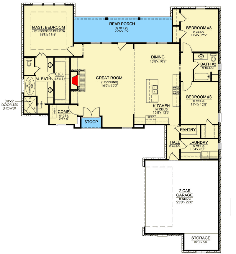 Plan 56317SM: French Country House Plan with Massive Great Room - Floor Plan - Main Level - Acadian, European, French Country, Louisiana-Style, Southern