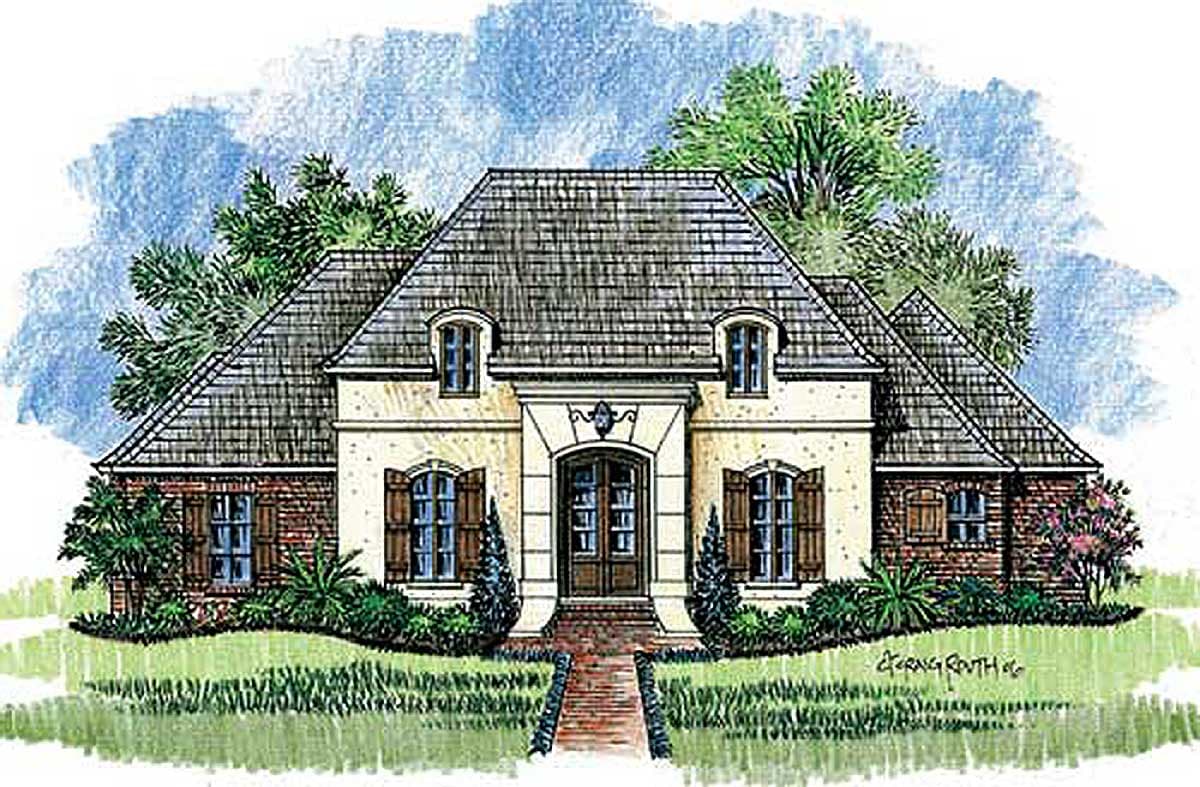 House plan exterior featuring a two-story French Provincial style with a hipped roof, dormers, and brick accents around the windows.