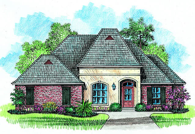 House plan exterior rendering. One-and-a-half story with brick accents, mansard roof, arched entryway, and symmetrical window placement.