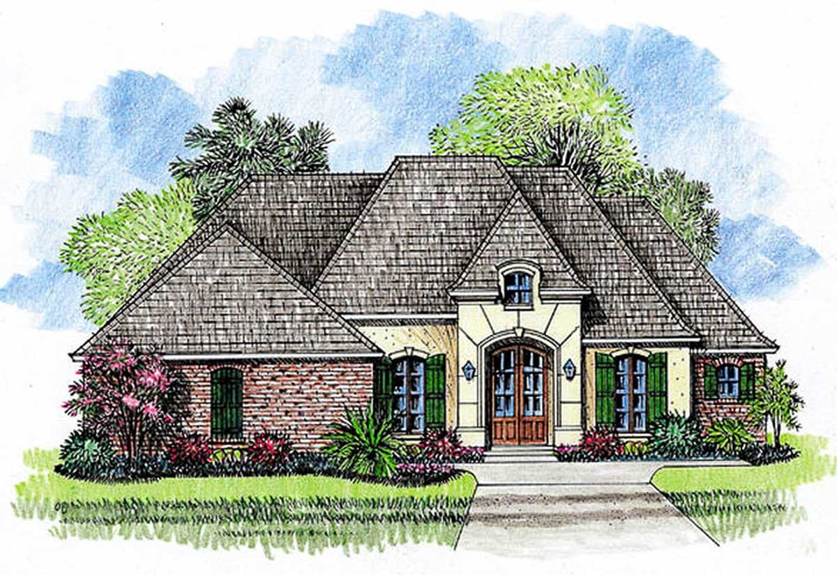 House plan exterior with hip roof, arched entryway, brick and stucco facade, and green shutters. One story.