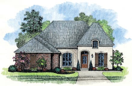 House plan exterior: One-story French country style with brick accents, arched entry, dormer window, and varied rooflines.