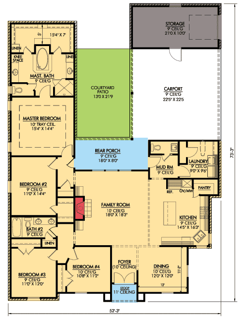 Plan 56323SM: French Country With Rear Courtyard - Floor Plan - Main Level - Acadian, European, French Country, Louisiana-Style, Southern