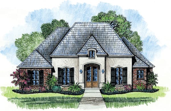 House plan exterior rendering: French Provincial style, 1.5 stories, mansard roof, dormer, brick accents, arched windows, double entry doors.