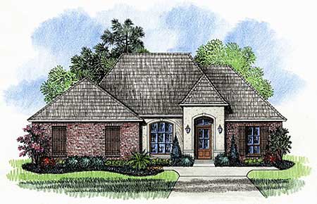 House plan exterior featuring a one-story brick home with arched entry, multiple gables, and wood shutters.