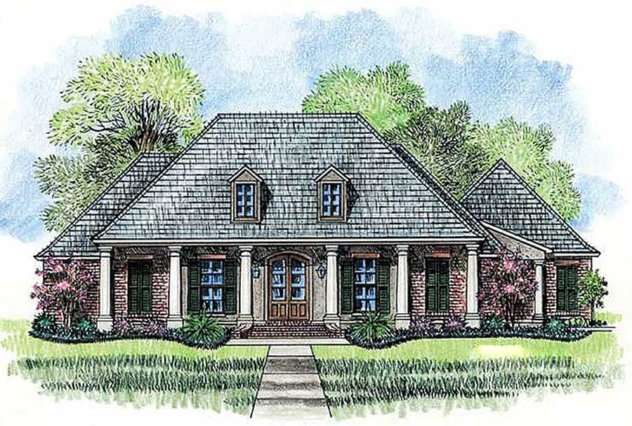 House plan exterior with a hipped roof, dormers, and a covered porch supported by columns.