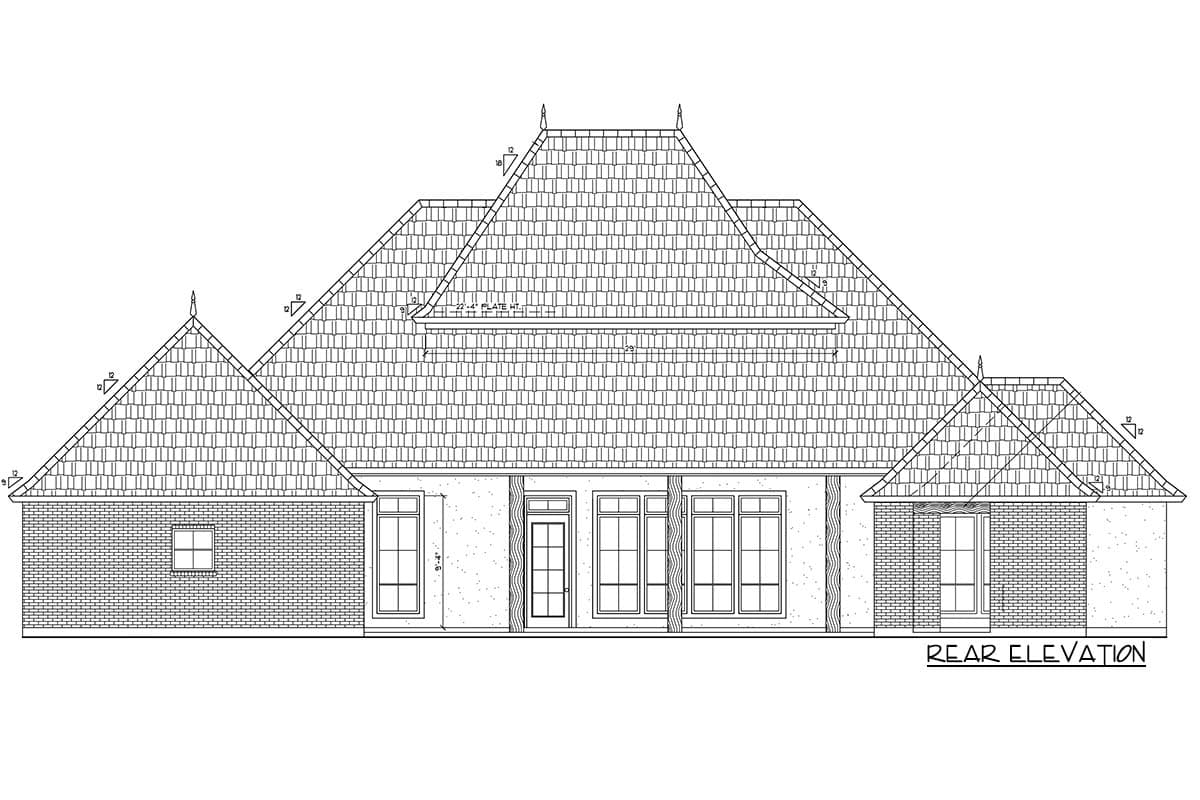 Rear elevation house plan drawing showing multiple gables, a hipped roof, brick accents, and a central door with surrounding windows.