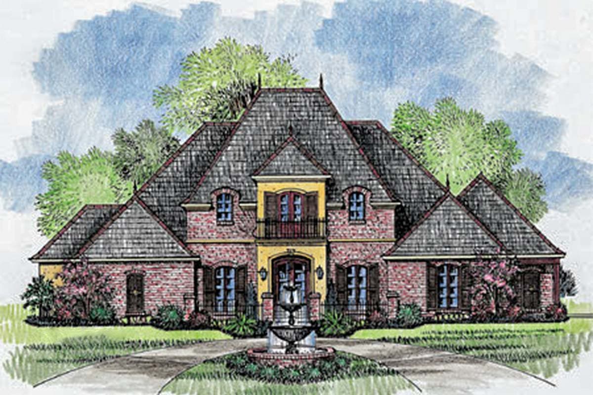 House plan exterior: Traditional two-story brick home with steeply pitched mansard roof, central arched entryway, and second-story balcony.