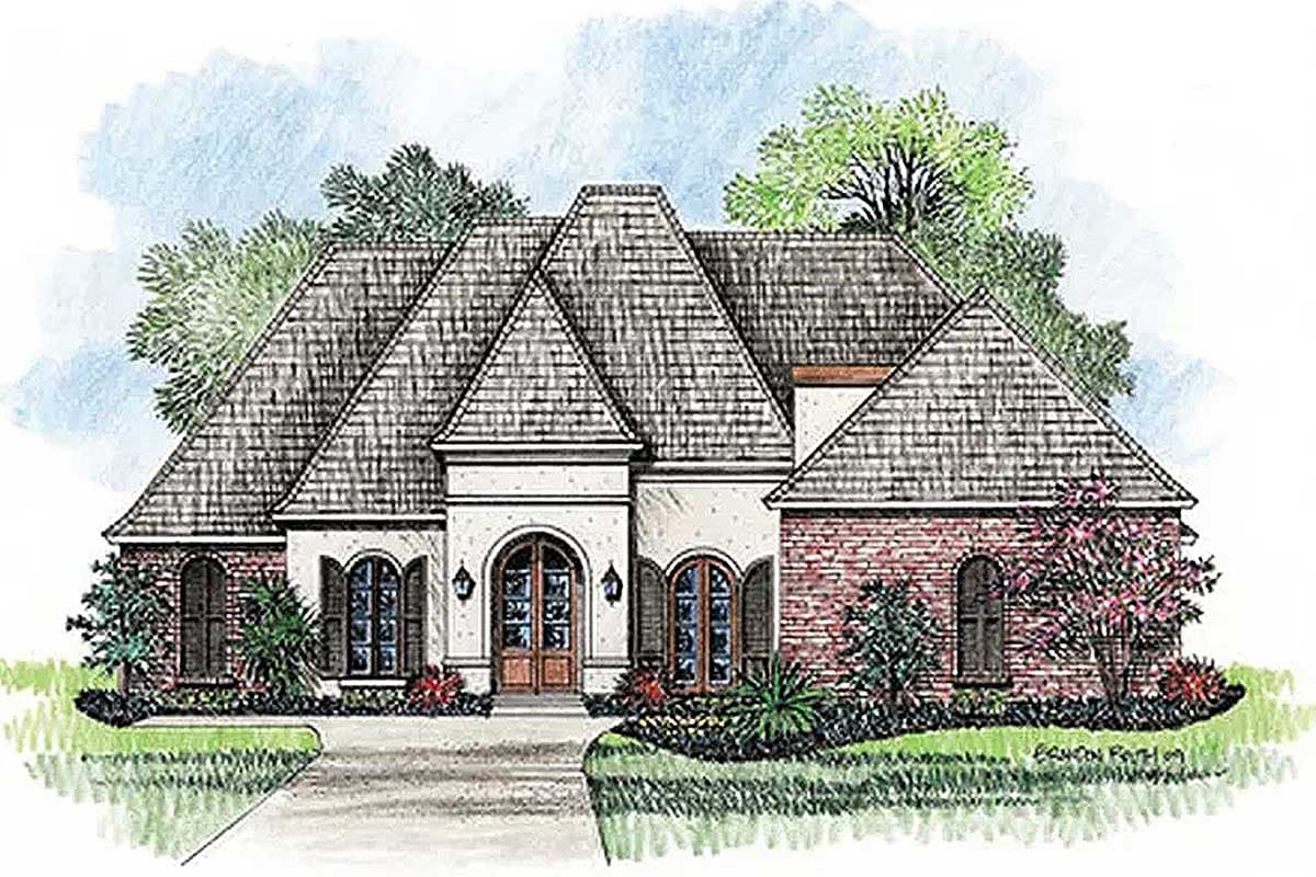 House plan exterior featuring a two-story design with a hipped roof, brick facade, and arched windows. Includes a double-door entry and dormers.