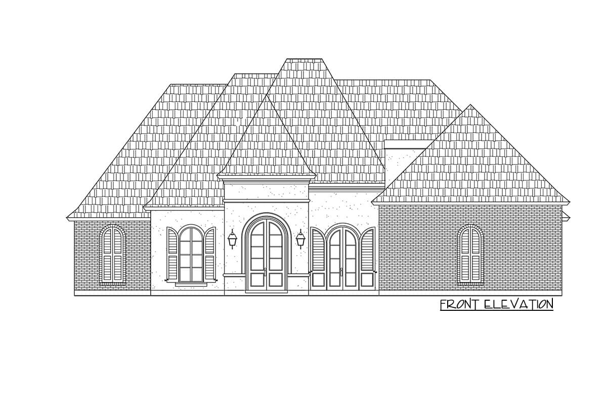Front elevation drawing of a one-story house with a multi-level roof, arched double doors, arched windows with shutters, and brick exterior.
