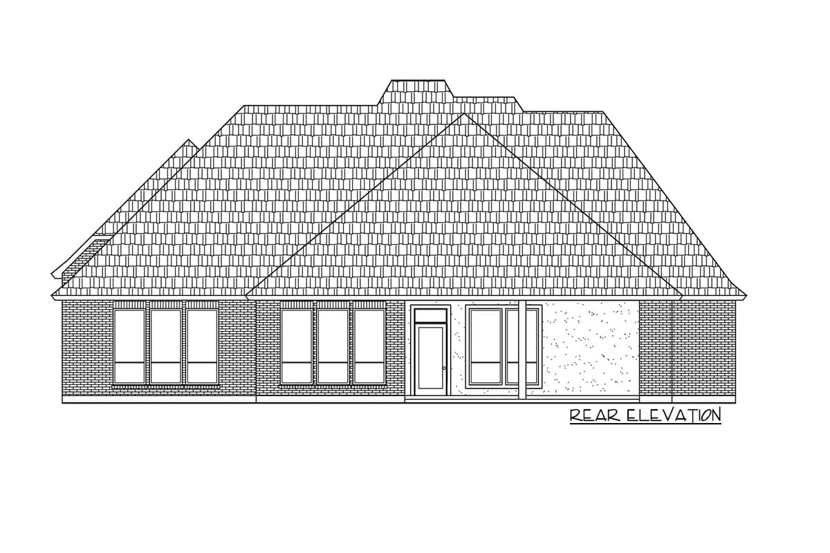 Rear elevation house plan showing a single-story structure with multiple gables, brick siding, and various window configurations.