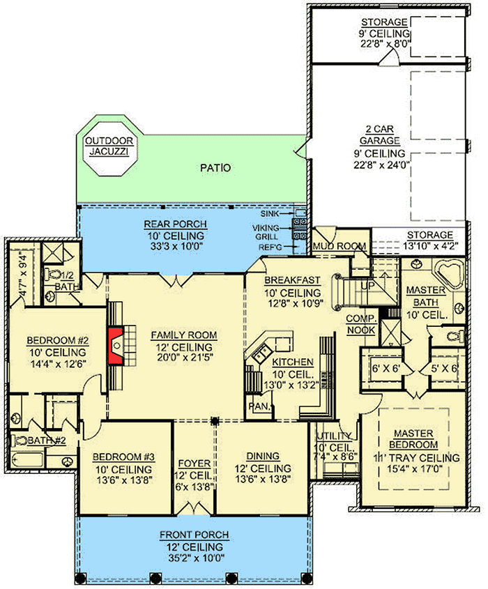 Plan 56332SM: Split Bedroom French Country Home Plan - Floor Plan - Main Level - Acadian, European, French Country, Louisiana-Style, Southern