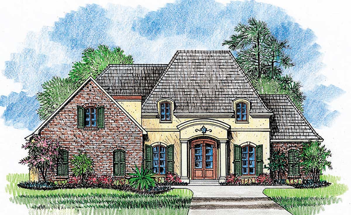 House plan exterior with a mansard roof, brick accents, arched entryway, and multiple dormer windows.