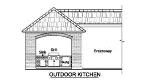 Outdoor kitchen architectural drawing with grill, sink, refrigerator, and breezeway.