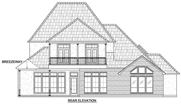 Rear elevation drawing of a house plan, showing a two-story structure with a breezeway, multiple gables, and a second-story balcony.