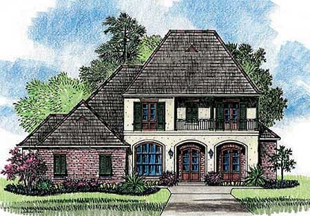 House plan exterior with French country style, two stories, arched entries, balconies, and a steeply pitched hip roof.