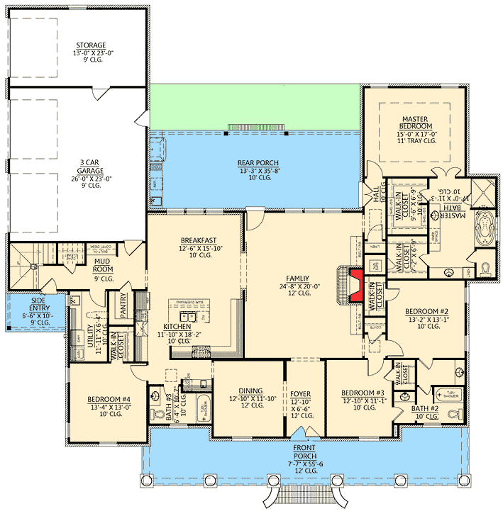 Plan 56337SM: Graceful 4 Bedroom Acadian Home Plan - 3175 Sq Ft - Floor Plan - Main Level - Acadian, European, French Country, Louisiana-Style, Southern