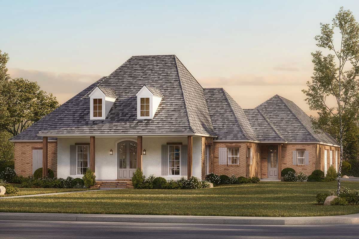 House plan exterior featuring a two-story home with a gabled roof, dormers, and a covered porch with wooden columns.
