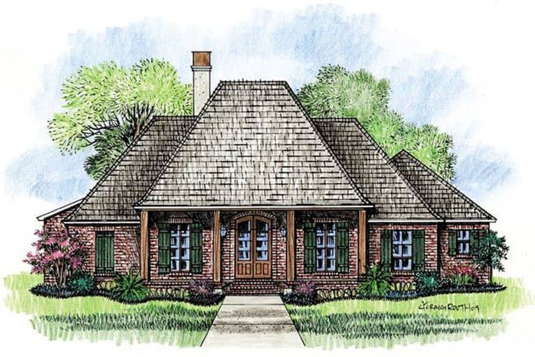 House plan exterior of a one-story brick home with a covered front porch, symmetrical windows with shutters, and a multi-level roof.