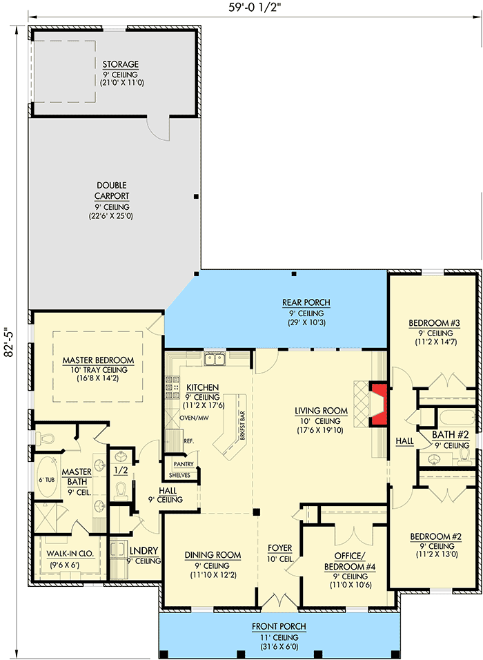 Plan 56340SM: Split Bedroom Brick-and-stucco House Plan with a Home Office or Fourth Bedroom - Floor Plan - Main Level - Acadian, European, French Country, Louisiana-Style, Southern