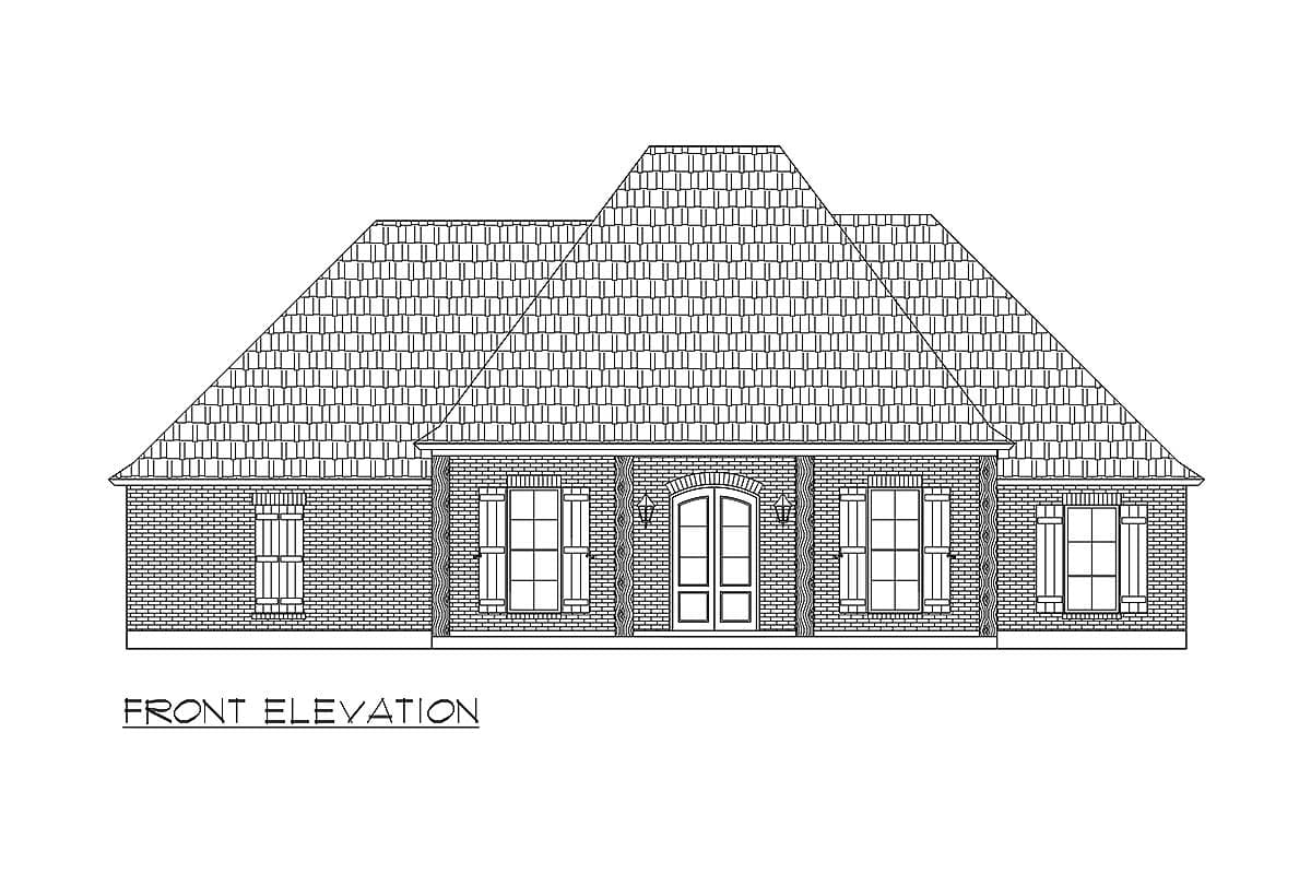 Front elevation house plan with a symmetrical brick facade, central arched double door, four windows with shutters, and a hip roof.