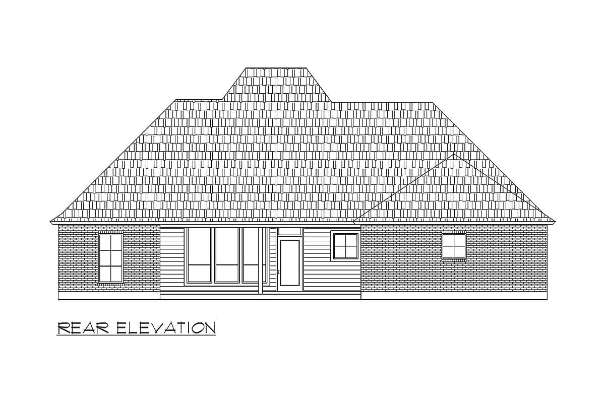 Rear elevation drawing of a house plan with a large pitched roof, brick and siding, and multiple windows.