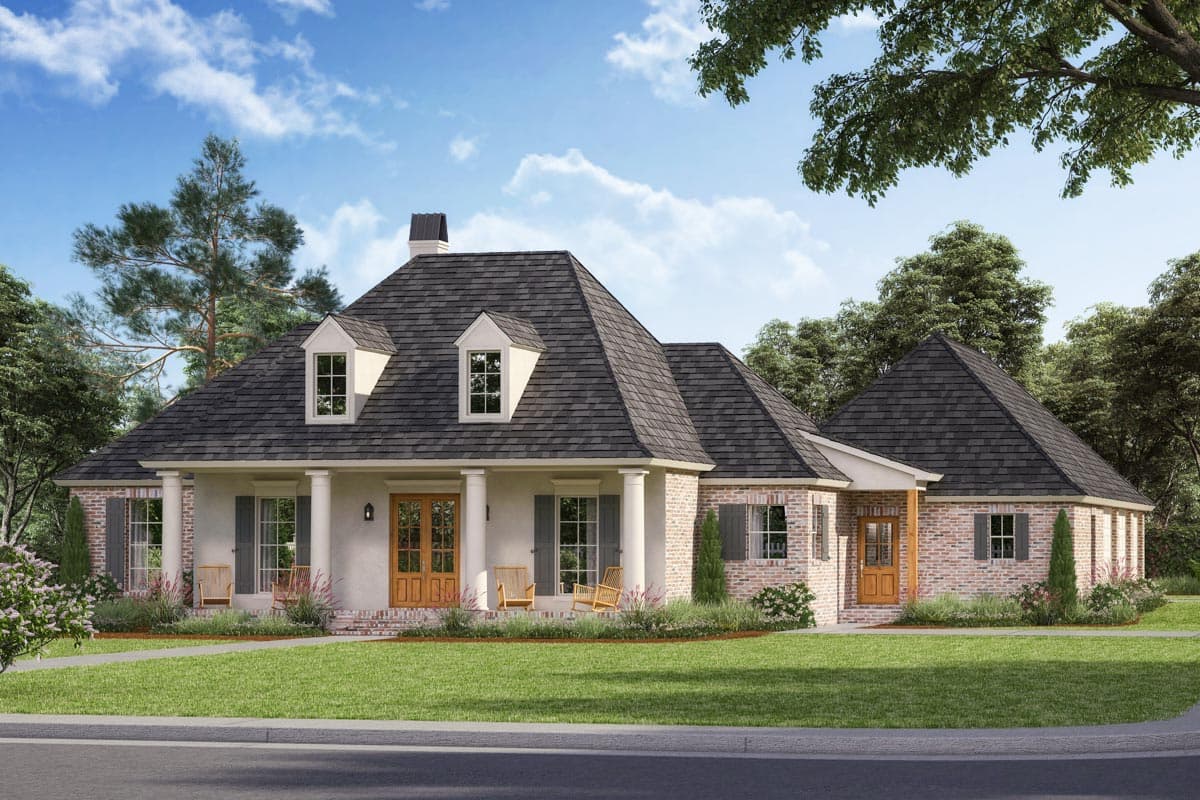 House plan exterior. One-story design with a hipped roof and gables. Features include a front porch with columns and brick accents.