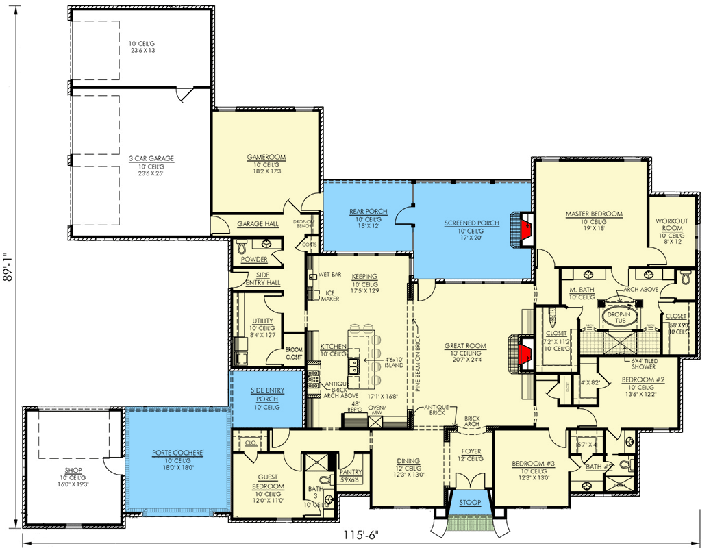Plan 56343SM: Aristocratic European Home Plan - Floor Plan - Main Level - Acadian, European, French Country, Louisiana-Style, Southern