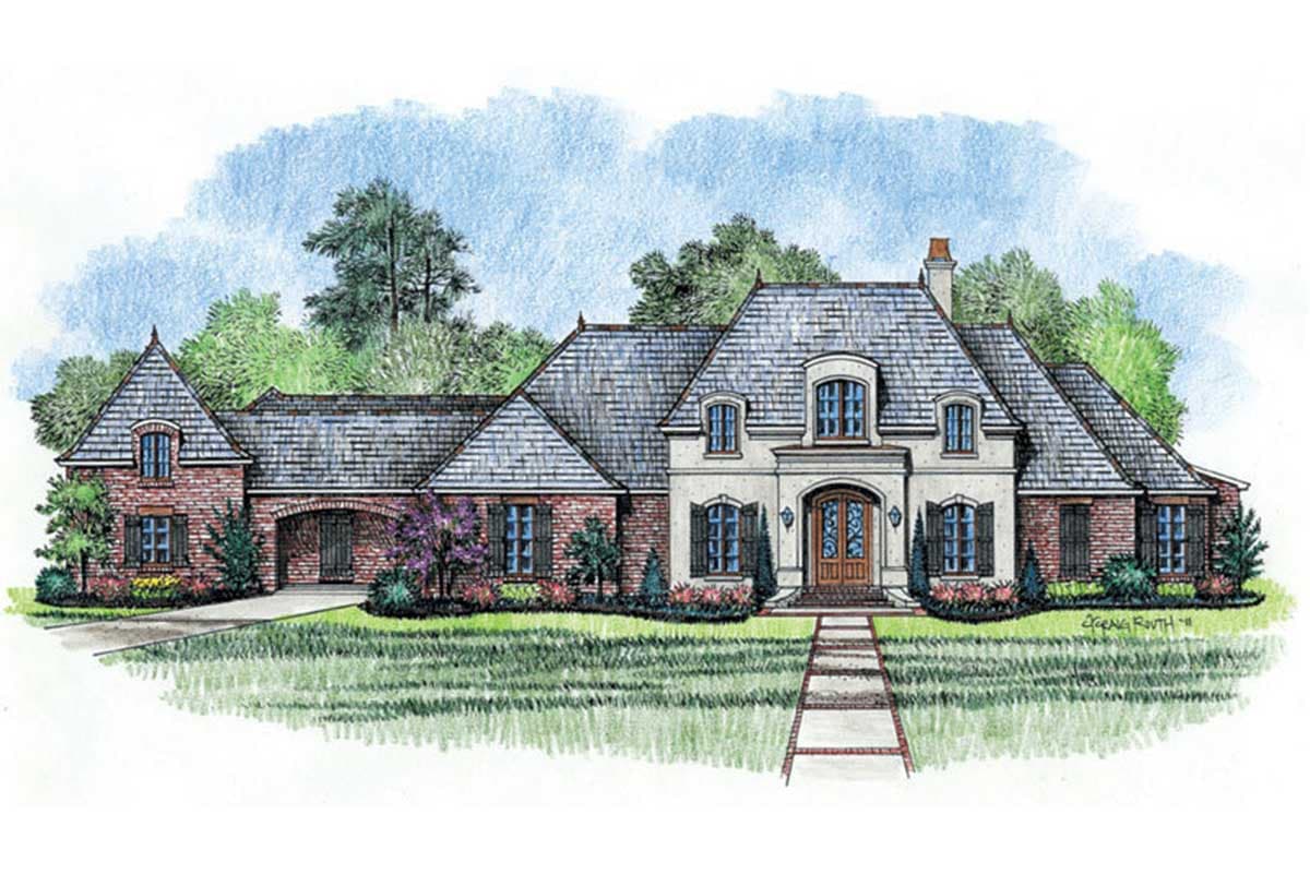 House plan exterior of a one-story French Provincial home with brick and stucco, a steeply pitched roof, dormers, and an arched entryway.