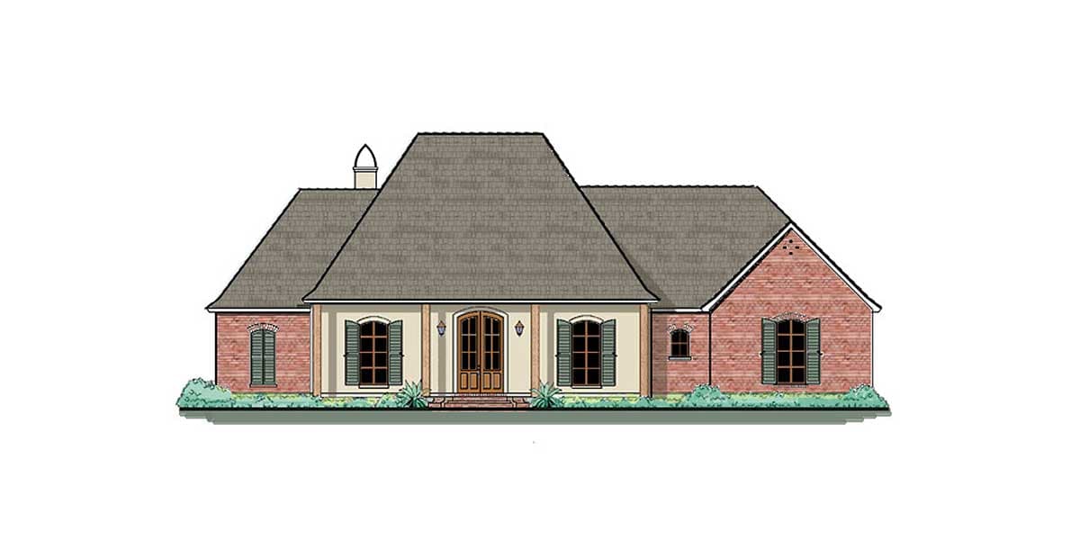 House plan exterior: One-story brick home with a prominent gable roof, covered front porch, double entry doors, and shutters.