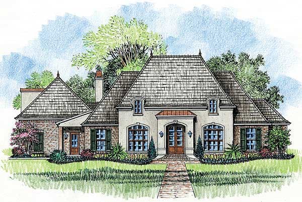 House plan exterior: French Provincial style, 1.5 stories, steeply pitched hip roof, dormers, arched windows, and brick accents.