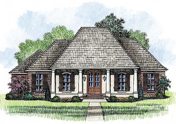 House plan exterior: one-story home with prominent gabled rooflines, brick facade, covered front porch with columns, and double-door entry.