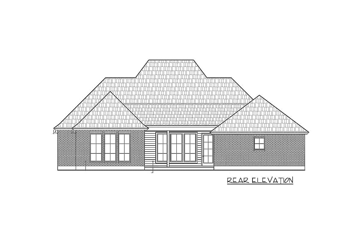Rear elevation drawing of a single-story house plan with brick exterior, hip roof, and multiple windows.