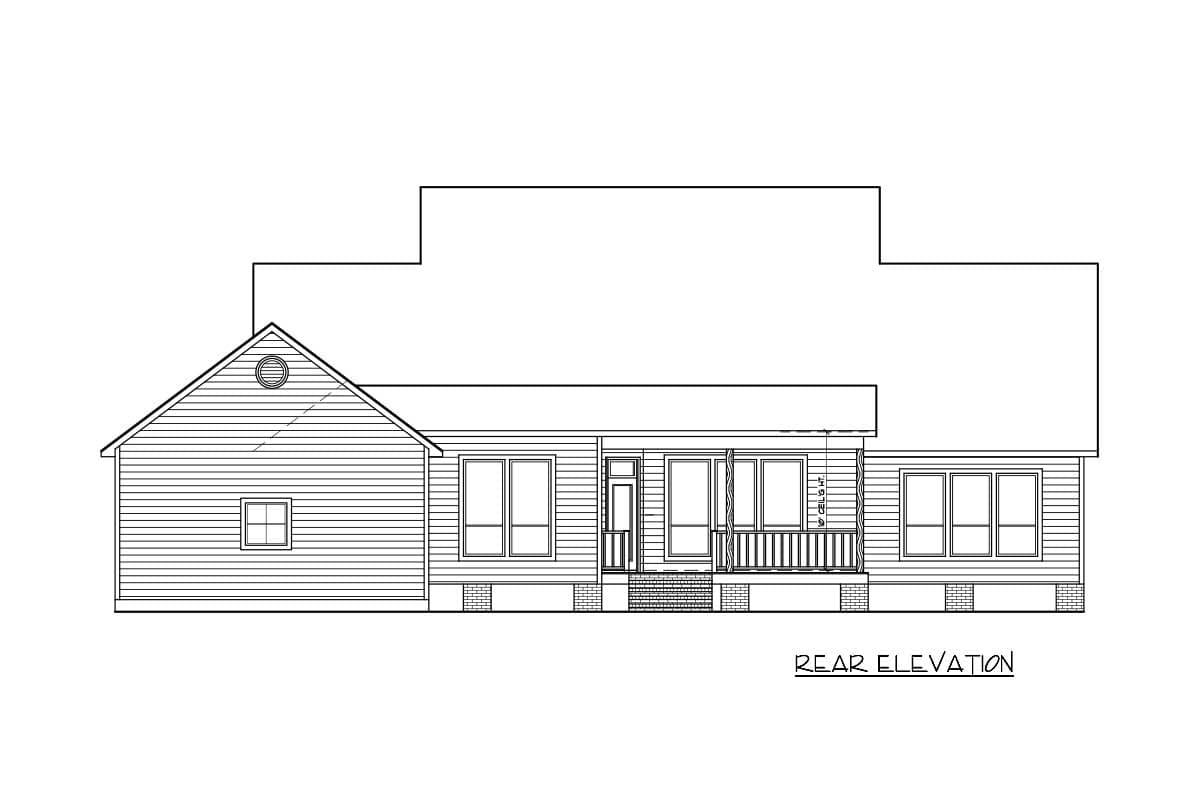 Rear elevation house plan drawing showing a single-story home with horizontal siding, a gabled roof, and a covered porch.