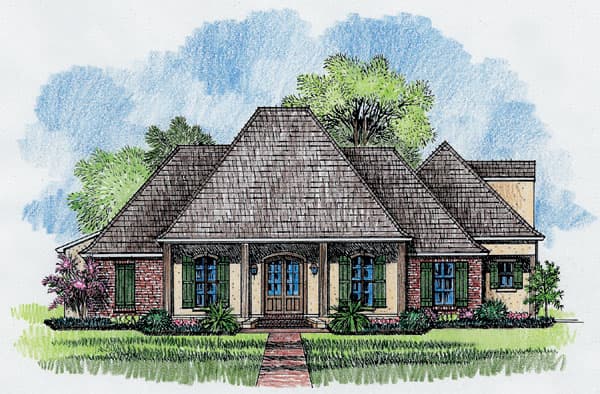 House plan exterior of a one-story home with a prominent hipped roof, covered front porch, and brick and stucco facade.