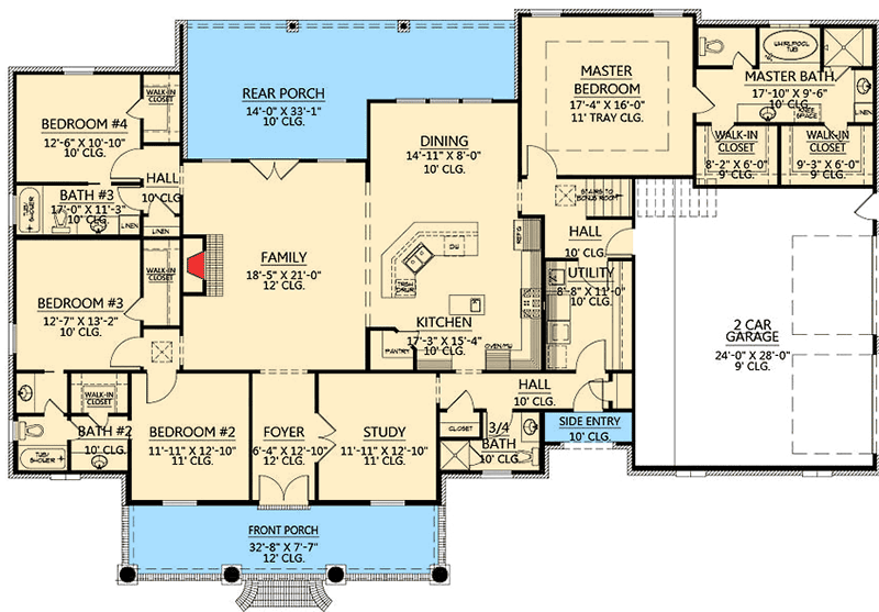 Plan 56352SM: French Country Home Plan With Bonus Room - Floor Plan - Main Level - Acadian, European, French Country, Louisiana-Style, Southern